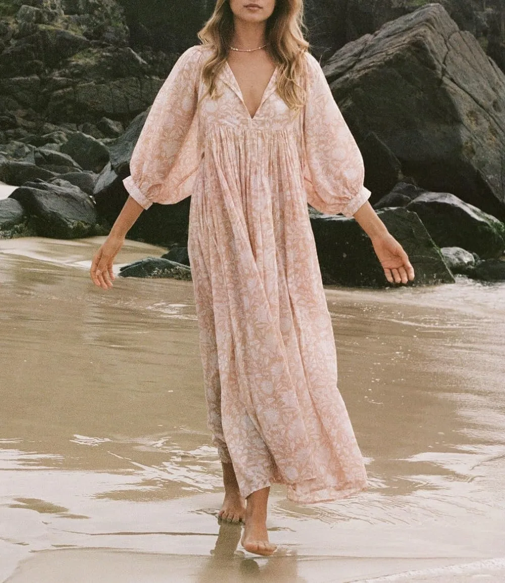 Women Boho Maxi Dress Floral 3/4 Lantern Sleeve V Neck Loose Flowy Long Dress Bohemian Beach Sundress
