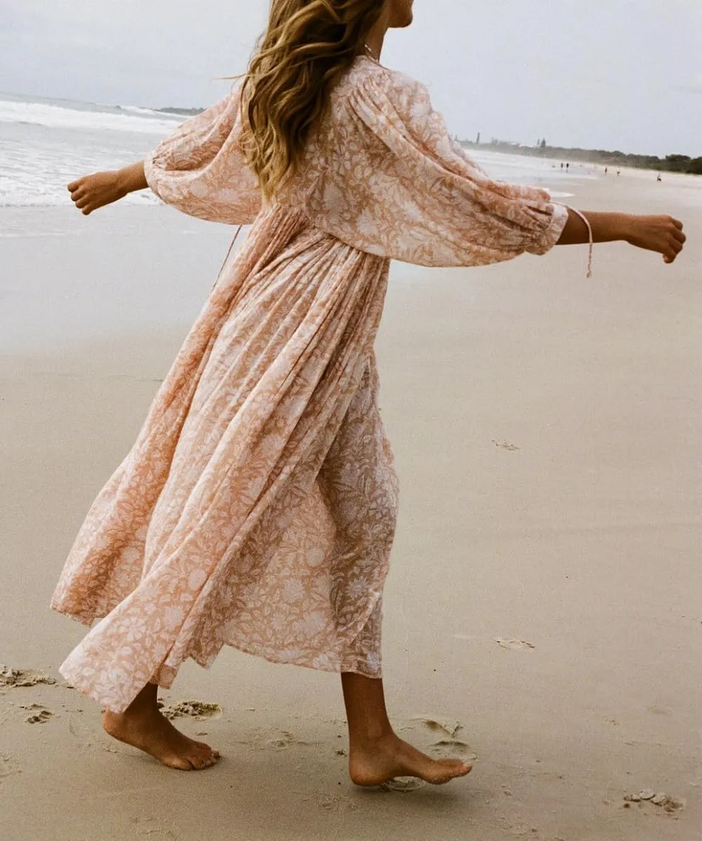 Women Boho Maxi Dress Floral 3/4 Lantern Sleeve V Neck Loose Flowy Long Dress Bohemian Beach Sundress
