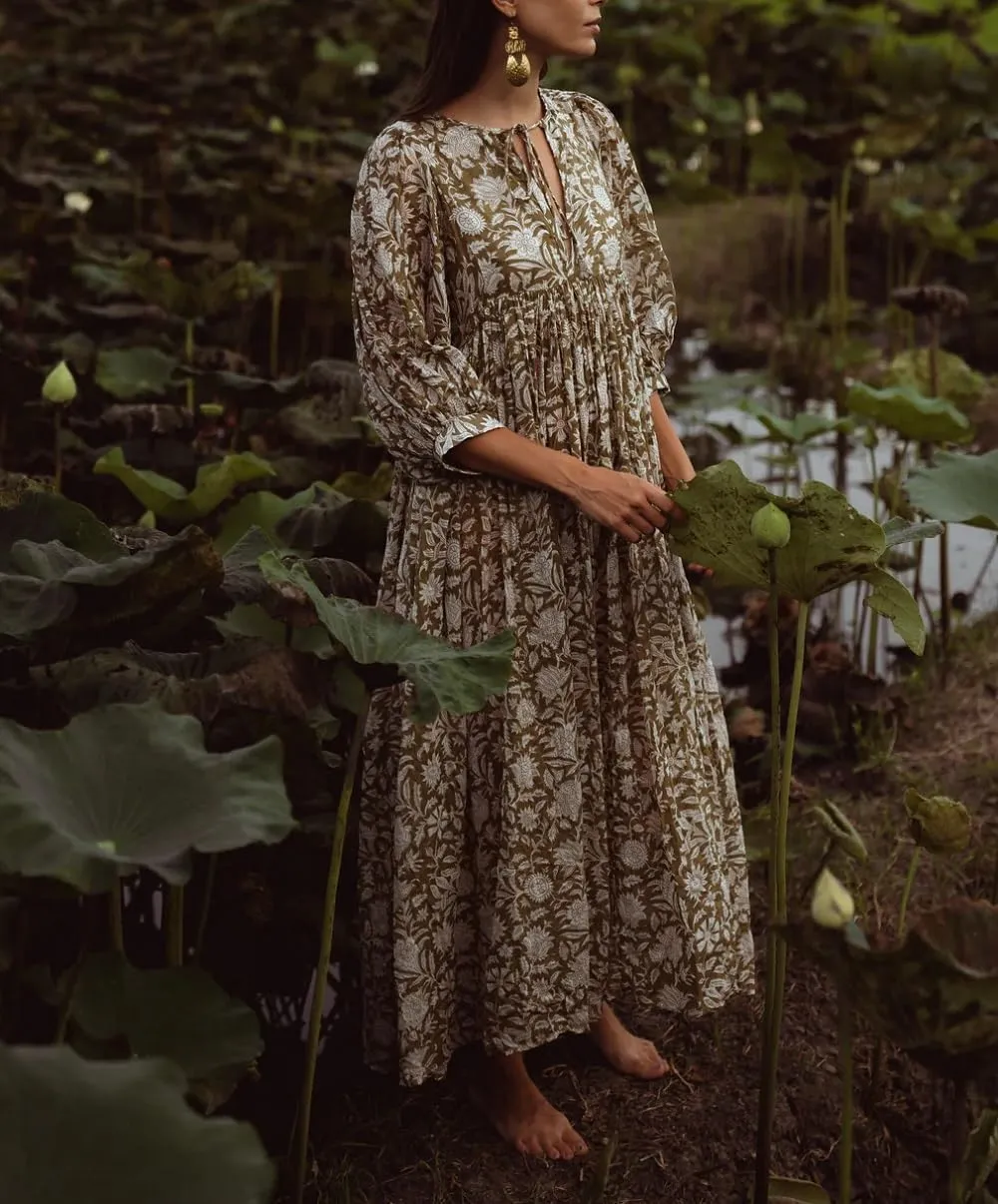 Women Boho Maxi Dress Floral 3/4 Lantern Sleeve V Neck Loose Flowy Long Dress Bohemian Beach Sundress