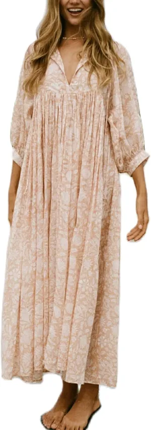 Women Boho Maxi Dress Floral 3/4 Lantern Sleeve V Neck Loose Flowy Long Dress Bohemian Beach Sundress