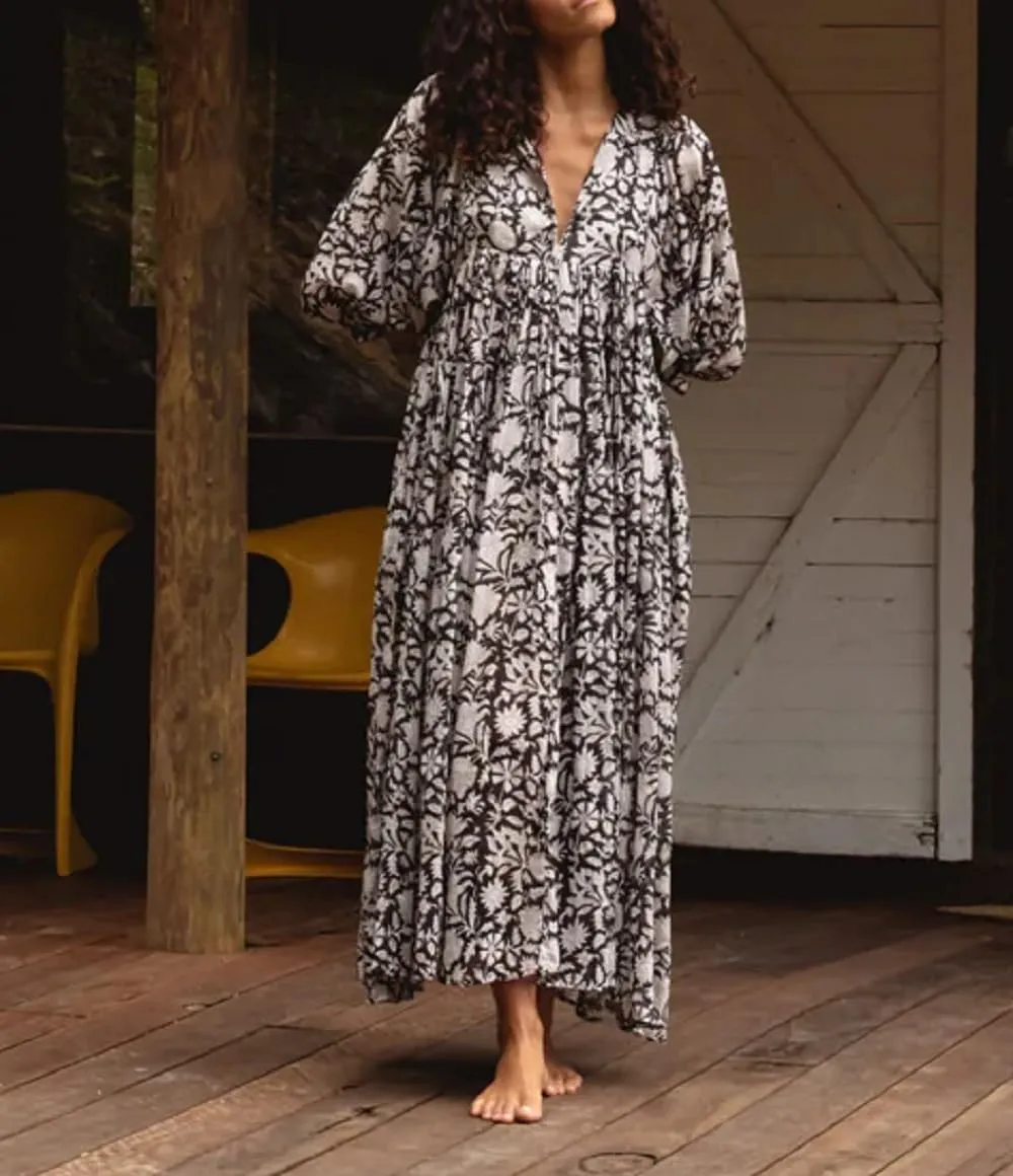Women Boho Maxi Dress Floral 3/4 Lantern Sleeve V Neck Loose Flowy Long Dress Bohemian Beach Sundress
