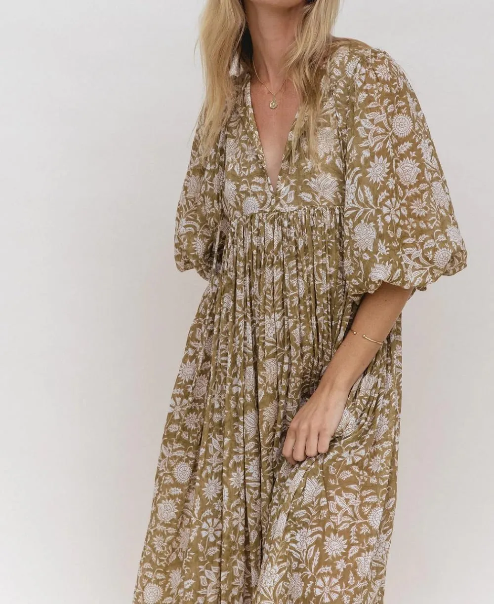Women Boho Maxi Dress Floral 3/4 Lantern Sleeve V Neck Loose Flowy Long Dress Bohemian Beach Sundress