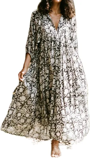 Women Boho Maxi Dress Floral 3/4 Lantern Sleeve V Neck Loose Flowy Long Dress Bohemian Beach Sundress
