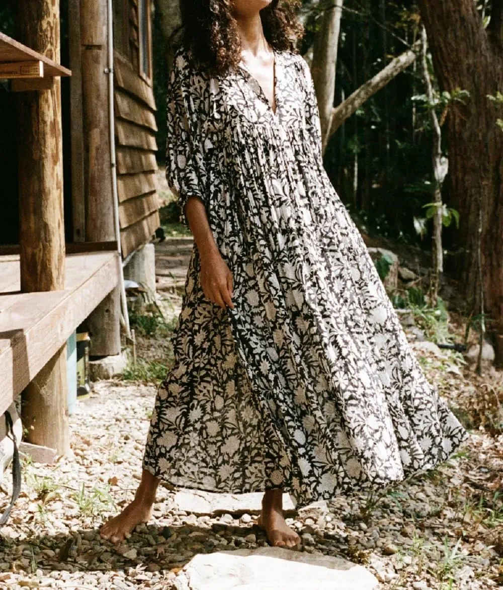 Women Boho Maxi Dress Floral 3/4 Lantern Sleeve V Neck Loose Flowy Long Dress Bohemian Beach Sundress