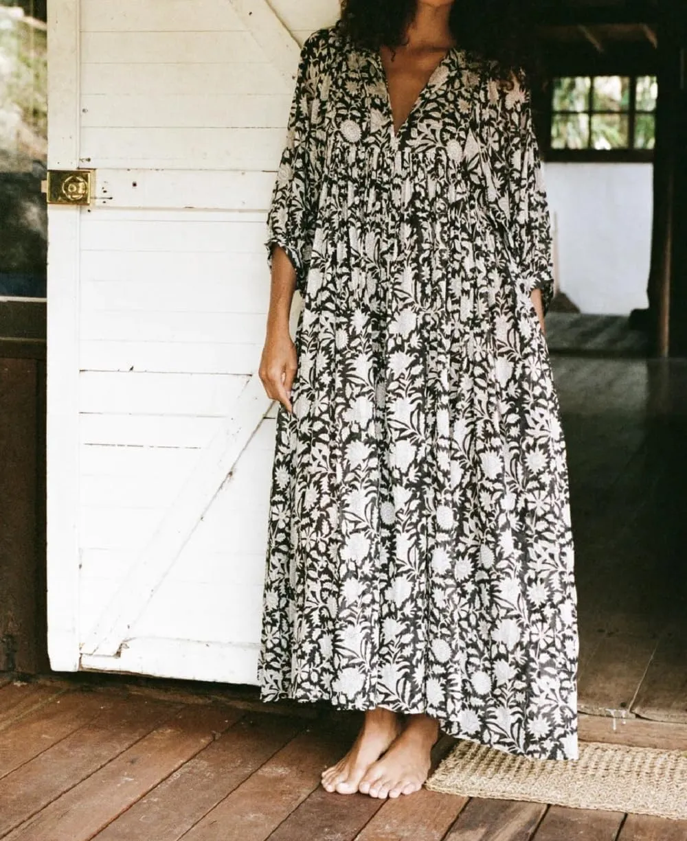 Women Boho Maxi Dress Floral 3/4 Lantern Sleeve V Neck Loose Flowy Long Dress Bohemian Beach Sundress