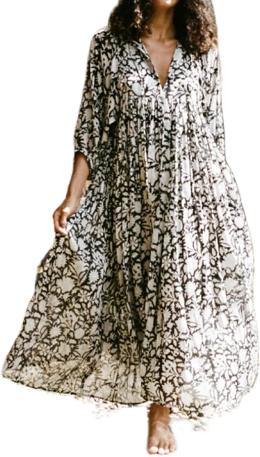 Women Boho Maxi Dress Floral 3/4 Lantern Sleeve V Neck Loose Flowy Long Dress Bohemian Beach Sundress