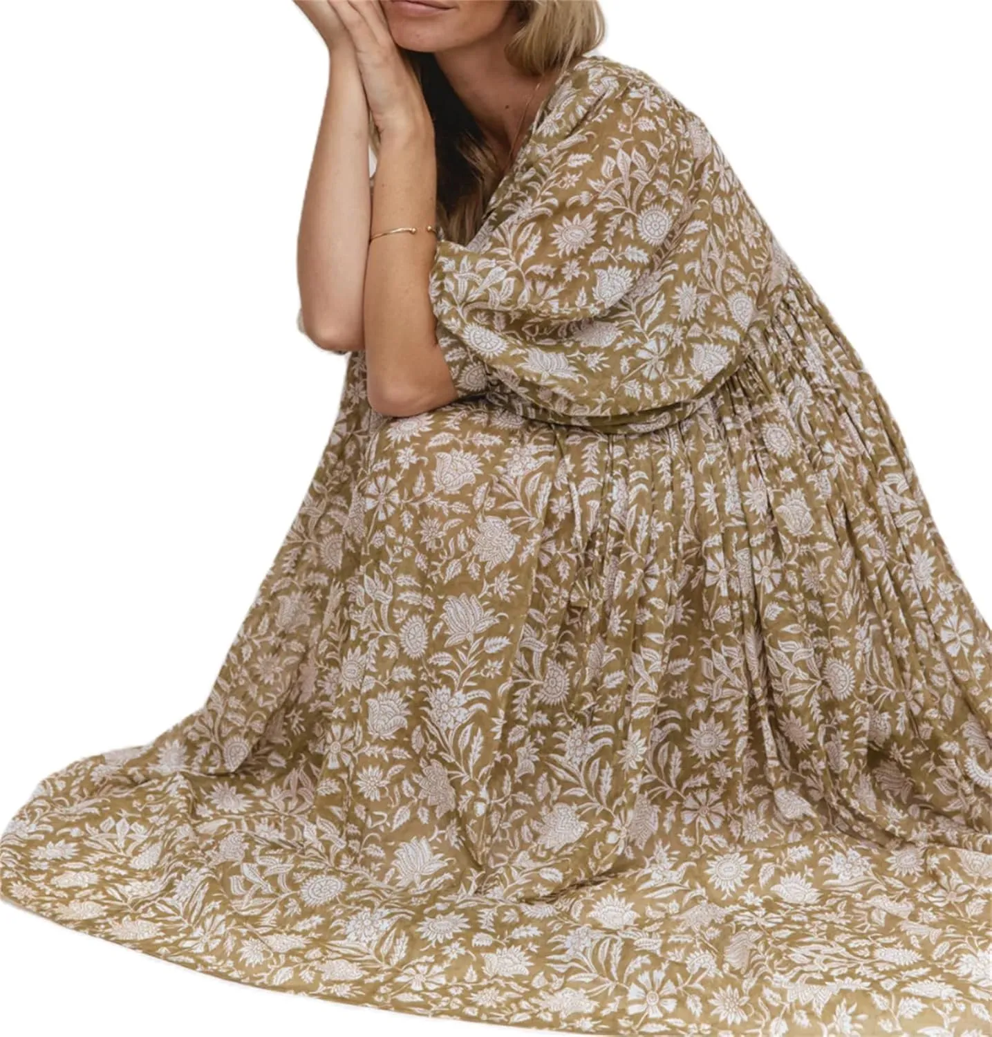 Women Boho Maxi Dress Floral 3/4 Lantern Sleeve V Neck Loose Flowy Long Dress Bohemian Beach Sundress