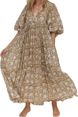 Women Boho Maxi Dress Floral 3/4 Lantern Sleeve V Neck Loose Flowy Long Dress Bohemian Beach Sundress