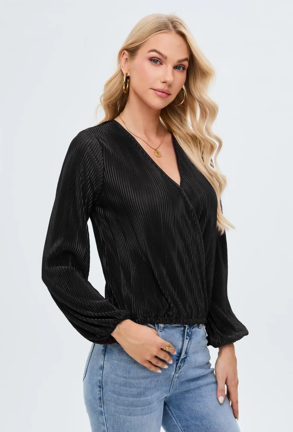 Women Long Lantern Sleeve Shirts Dressy Casual Loose Fit Fall V Neck Blouses Date Night Tops