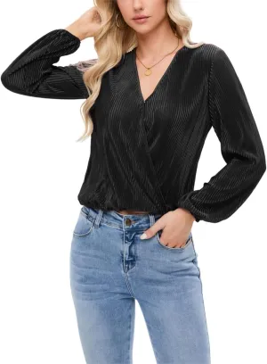 Women Long Lantern Sleeve Shirts Dressy Casual Loose Fit Fall V Neck Blouses Date Night Tops