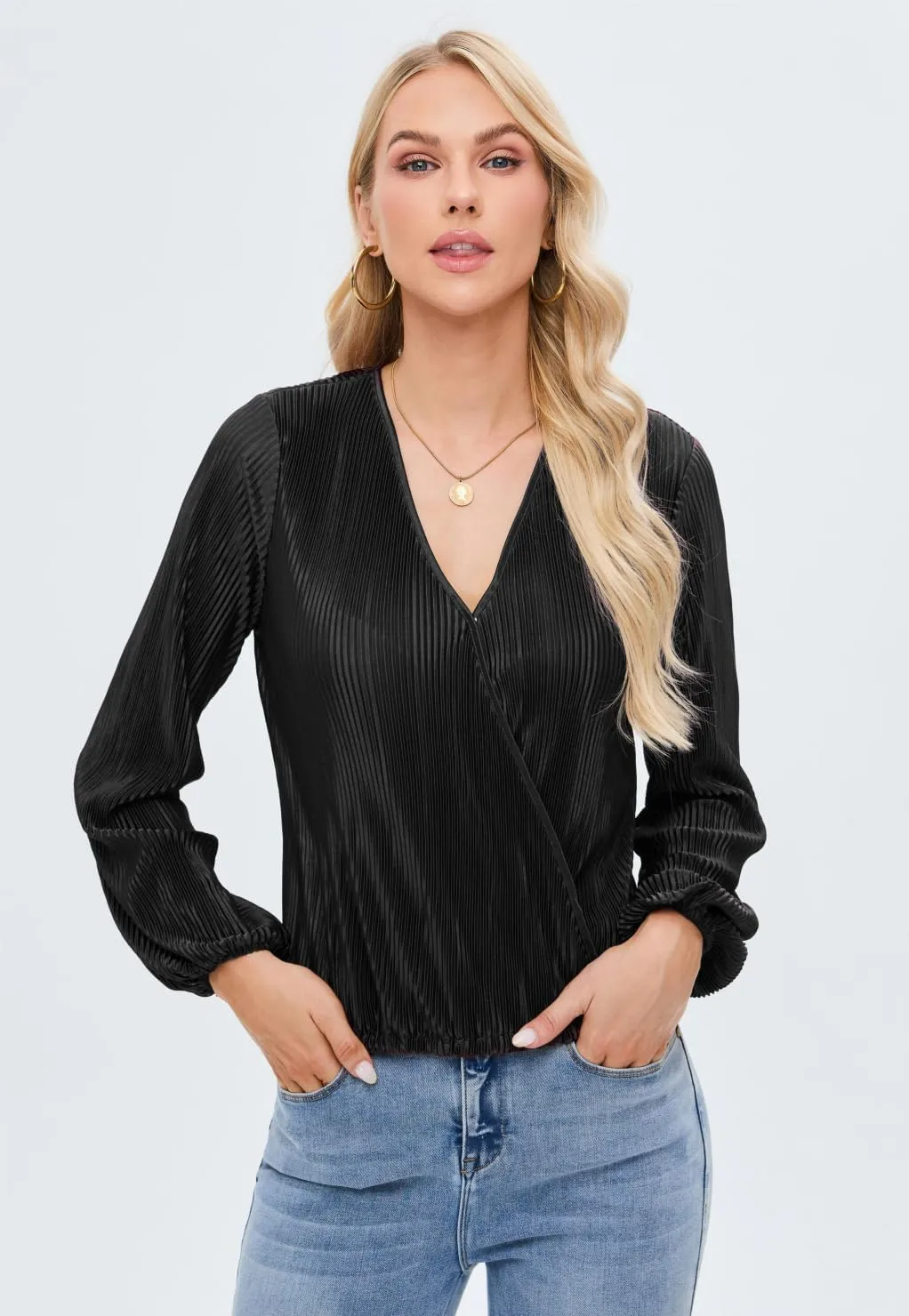 Women Long Lantern Sleeve Shirts Dressy Casual Loose Fit Fall V Neck Blouses Date Night Tops