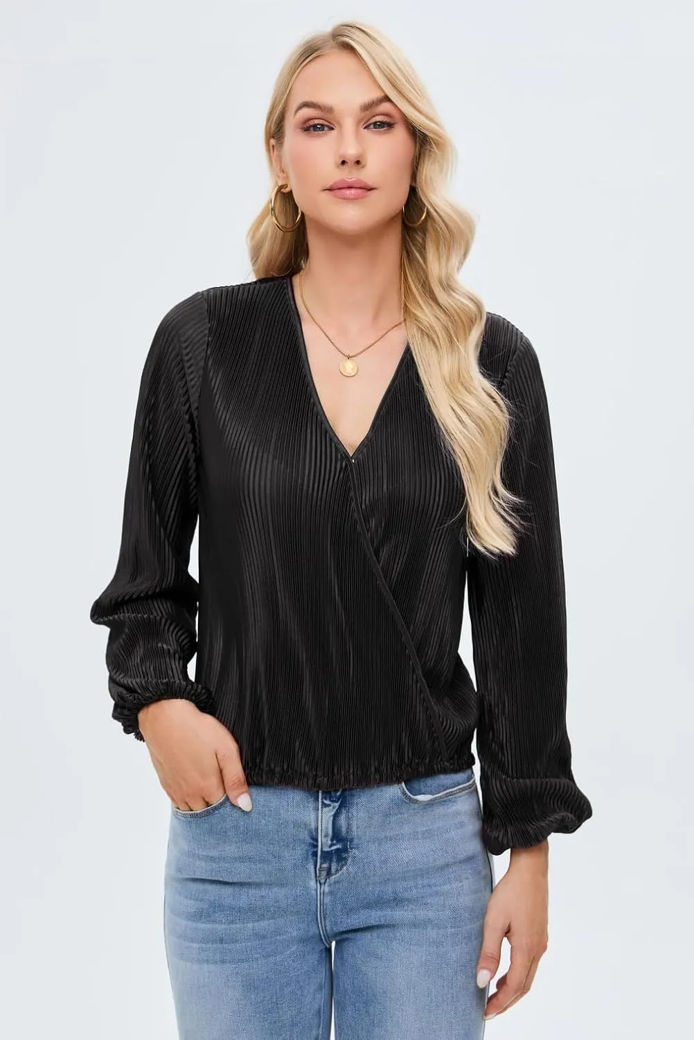 Women Long Lantern Sleeve Shirts Dressy Casual Loose Fit Fall V Neck Blouses Date Night Tops