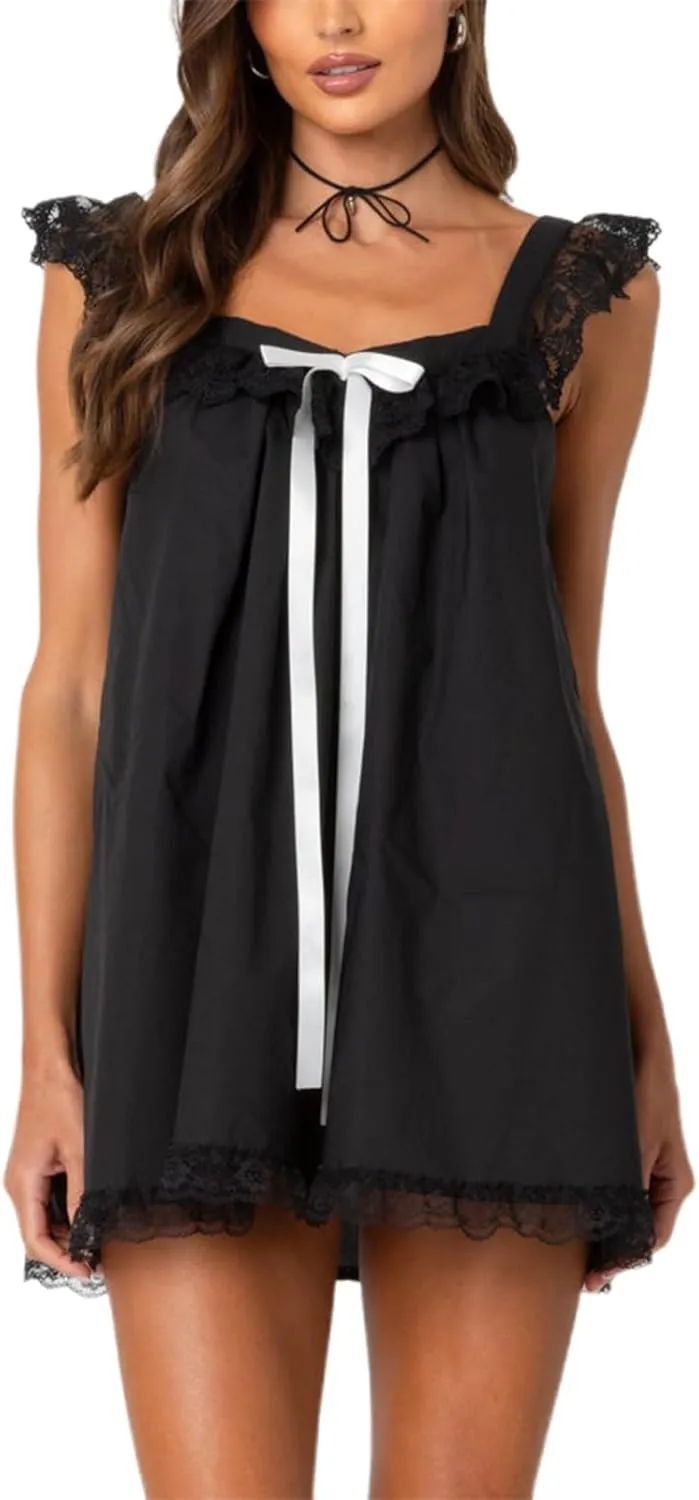 Women Y2K Lace Trim Slip Dress Casual Bow Tie Pleated Ruffle Tunic Dress Summer Outgoing Solid Color Short Dress