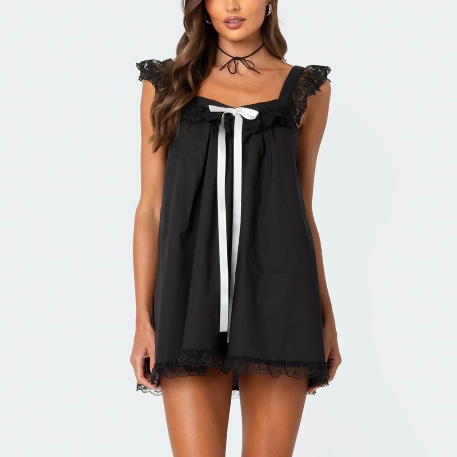 Women Y2K Lace Trim Slip Dress Casual Bow Tie Pleated Ruffle Tunic Dress Summer Outgoing Solid Color Short Dress