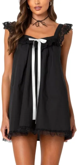 Women Y2K Lace Trim Slip Dress Casual Bow Tie Pleated Ruffle Tunic Dress Summer Outgoing Solid Color Short Dress