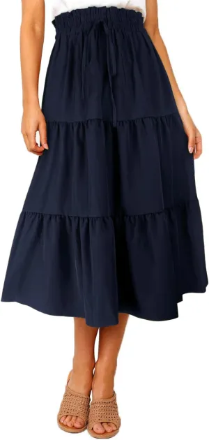 Women's 2025 Summer Floral Print Midi Skirt Boho Elastic High Waisted Flowy A-Line Tiered Long Skirts for Women