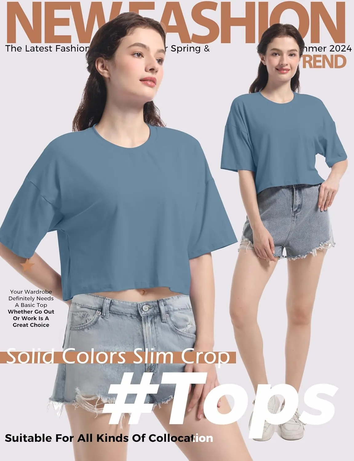 Women's Basic Crop Top Drop Shoulder T Shirt Half Sleeve Cropped Tee Crewneck Short Sleeve Casual Summer Solid Crop Tops