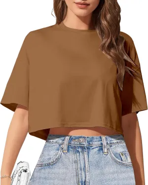 Women's Basic Crop Top Drop Shoulder T Shirt Half Sleeve Cropped Tee Crewneck Short Sleeve Casual Summer Solid Crop Tops