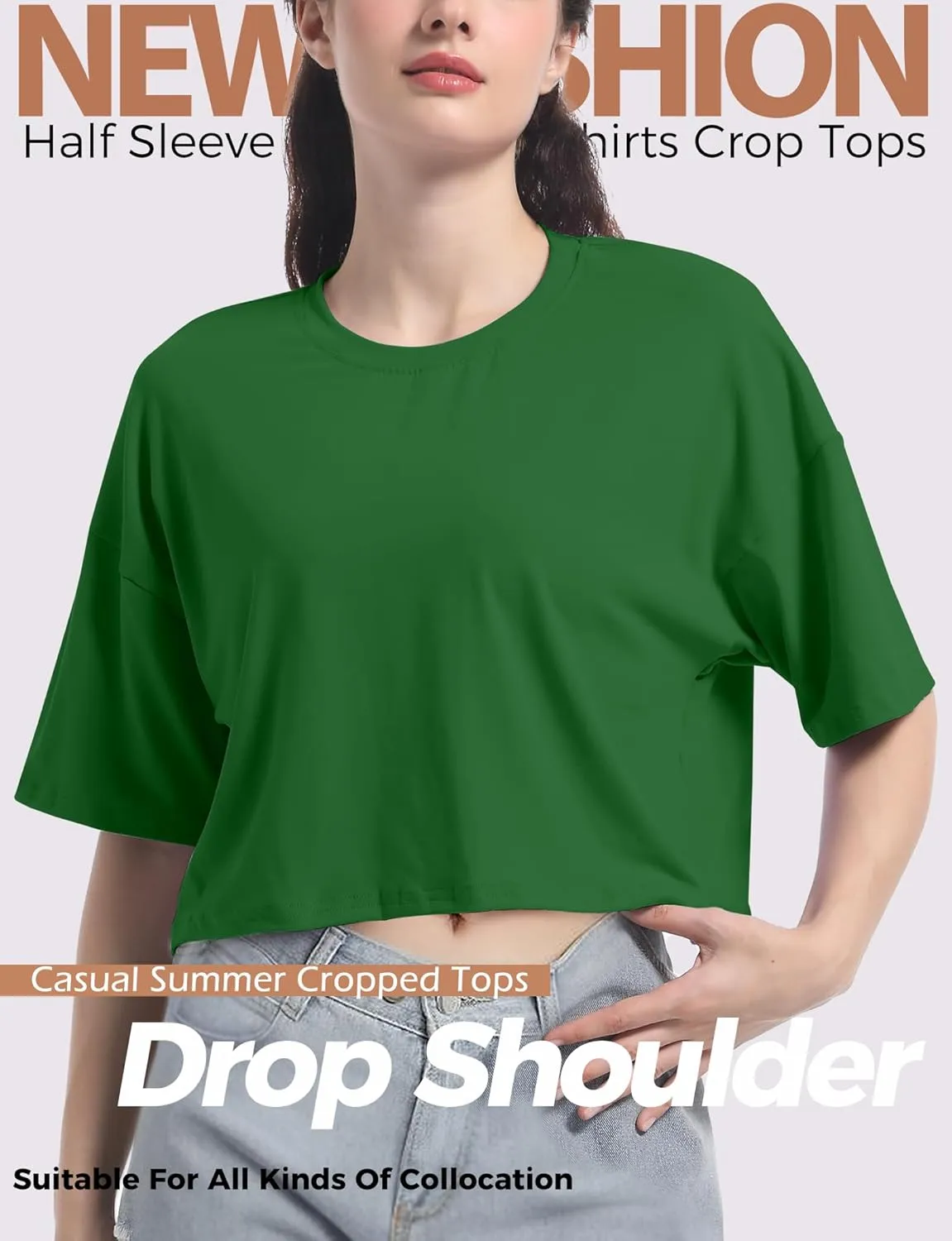 Women's Basic Crop Top Drop Shoulder T Shirt Half Sleeve Cropped Tee Crewneck Short Sleeve Casual Summer Solid Crop Tops