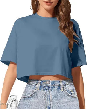 Women's Basic Crop Top Drop Shoulder T Shirt Half Sleeve Cropped Tee Crewneck Short Sleeve Casual Summer Solid Crop Tops