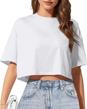 Women's Basic Crop Top Drop Shoulder T Shirt Half Sleeve Cropped Tee Crewneck Short Sleeve Casual Summer Solid Crop Tops