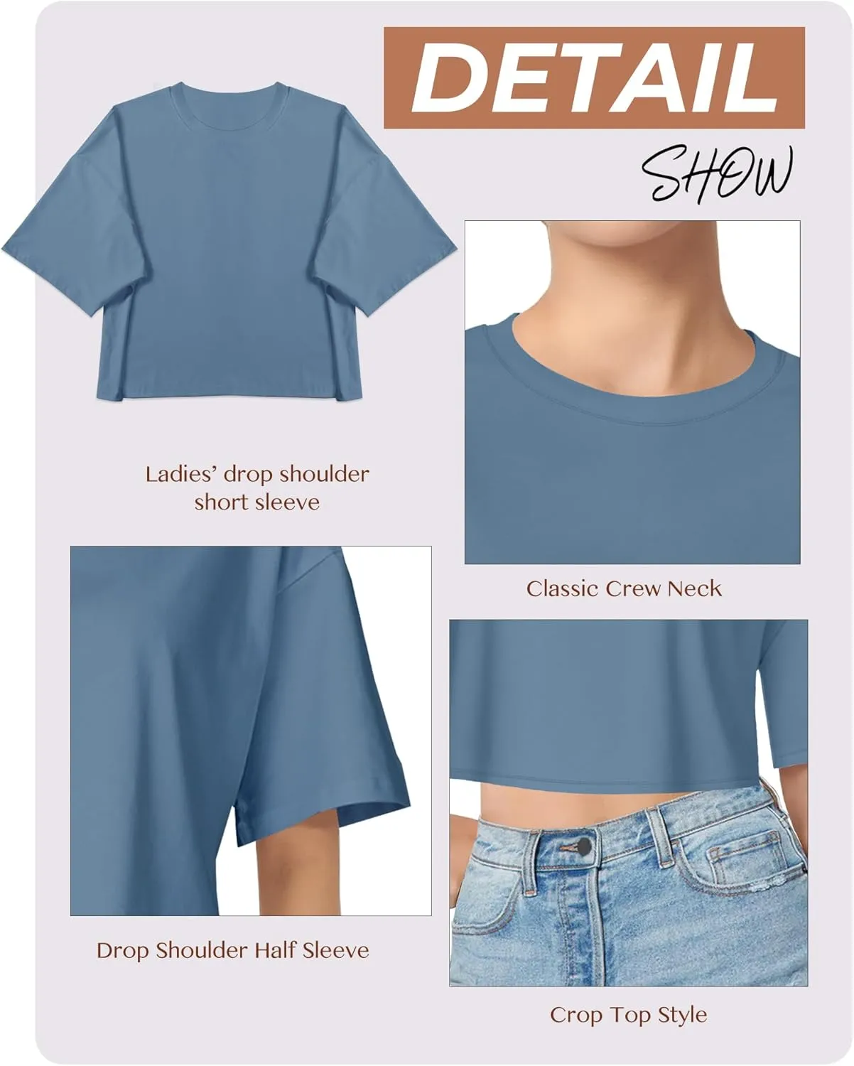 Women's Basic Crop Top Drop Shoulder T Shirt Half Sleeve Cropped Tee Crewneck Short Sleeve Casual Summer Solid Crop Tops