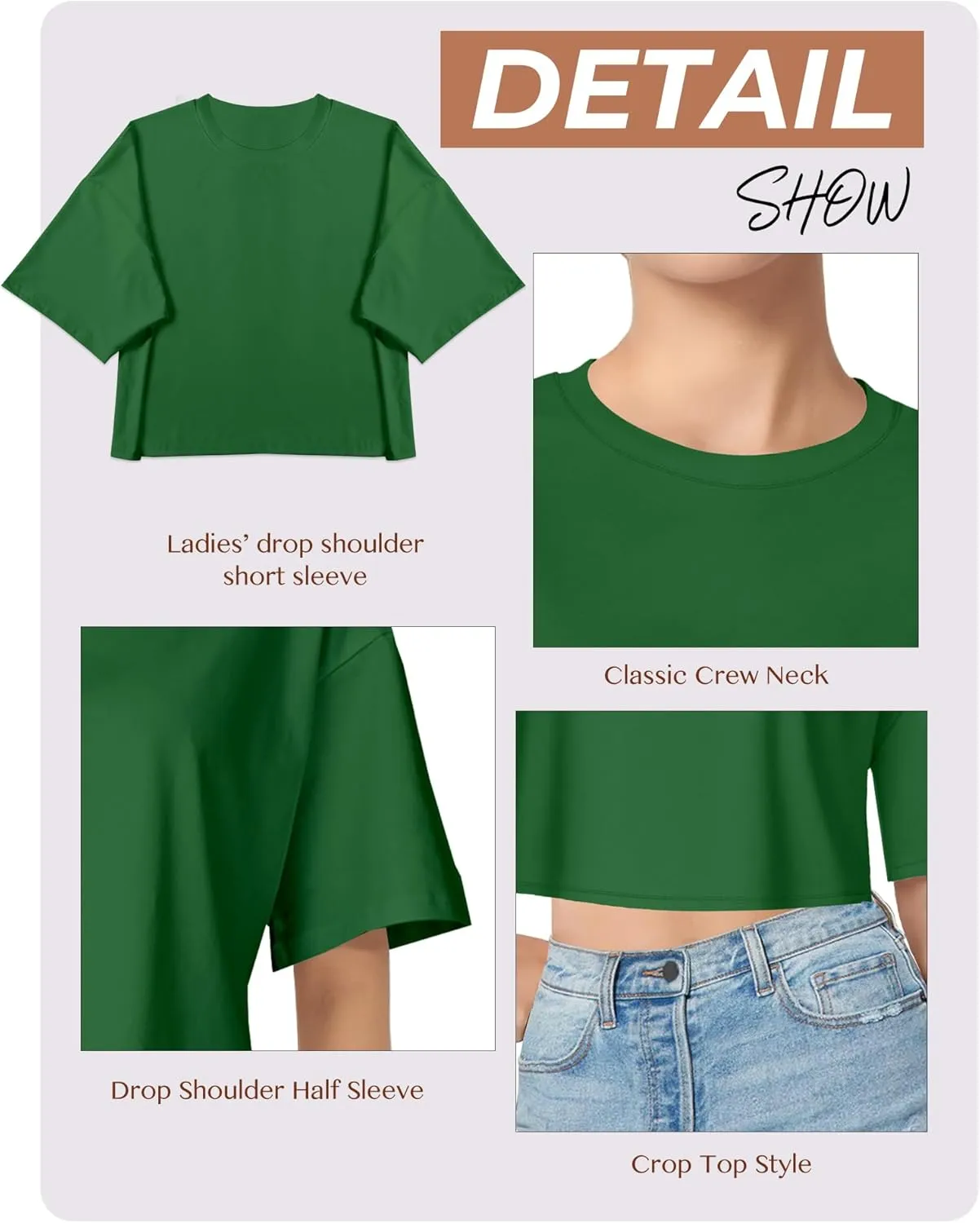 Women's Basic Crop Top Drop Shoulder T Shirt Half Sleeve Cropped Tee Crewneck Short Sleeve Casual Summer Solid Crop Tops