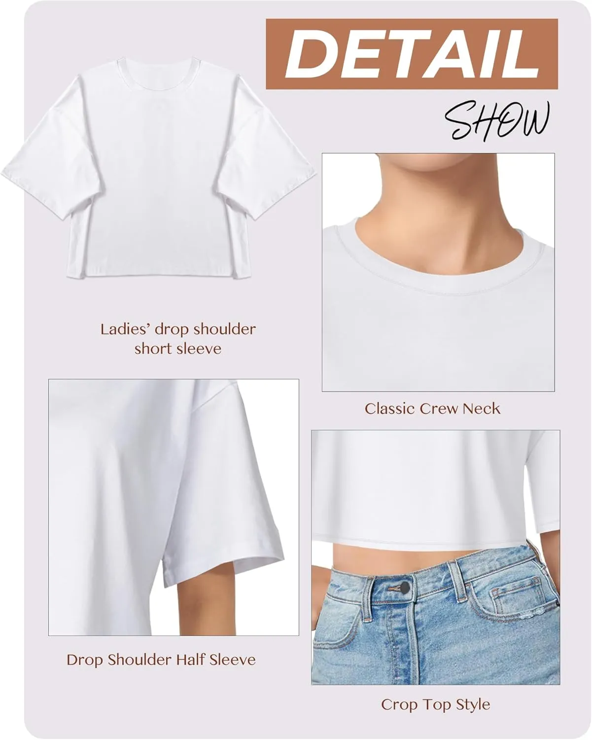 Women's Basic Crop Top Drop Shoulder T Shirt Half Sleeve Cropped Tee Crewneck Short Sleeve Casual Summer Solid Crop Tops