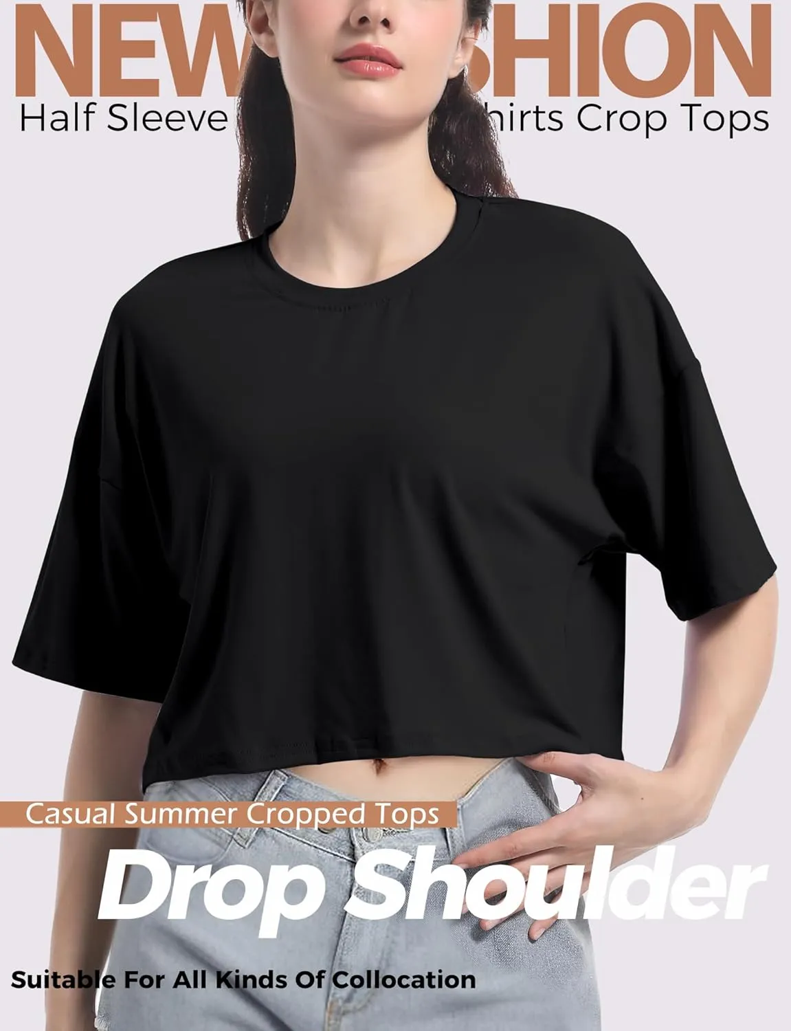 Women's Basic Crop Top Drop Shoulder T Shirt Half Sleeve Cropped Tee Crewneck Short Sleeve Casual Summer Solid Crop Tops