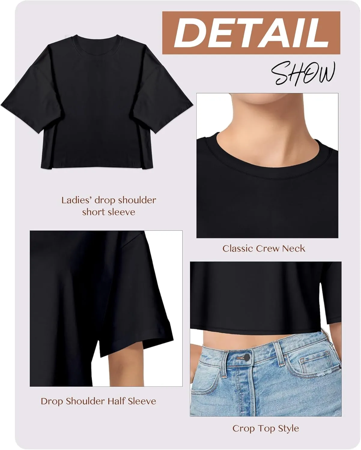 Women's Basic Crop Top Drop Shoulder T Shirt Half Sleeve Cropped Tee Crewneck Short Sleeve Casual Summer Solid Crop Tops