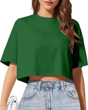 Women's Basic Crop Top Drop Shoulder T Shirt Half Sleeve Cropped Tee Crewneck Short Sleeve Casual Summer Solid Crop Tops