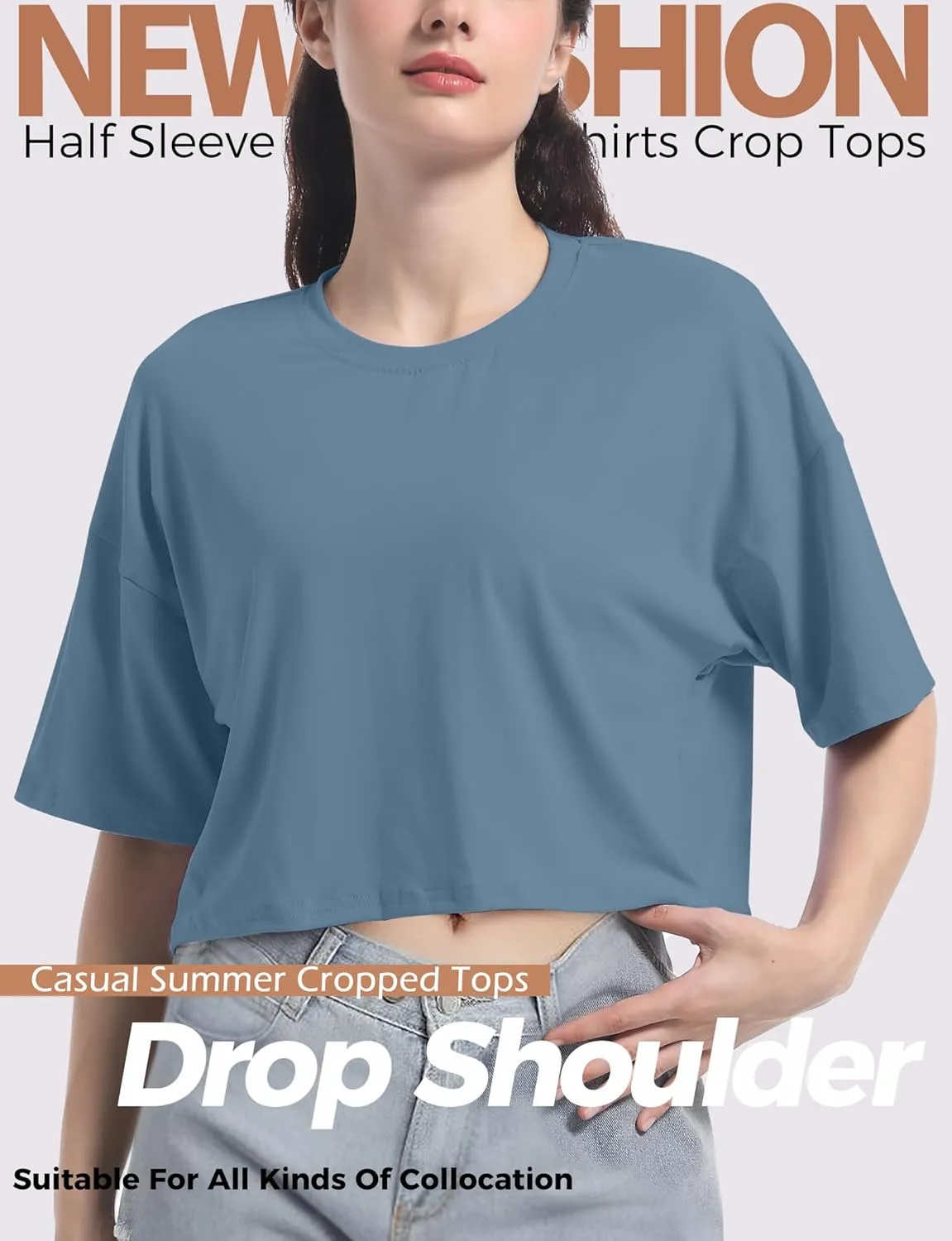 Women's Basic Crop Top Drop Shoulder T Shirt Half Sleeve Cropped Tee Crewneck Short Sleeve Casual Summer Solid Crop Tops