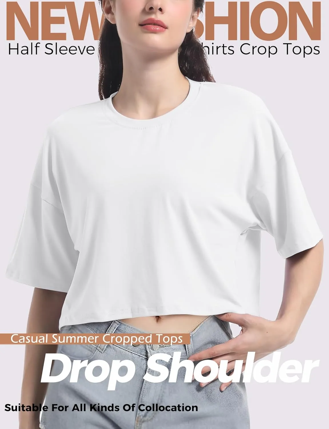 Women's Basic Crop Top Drop Shoulder T Shirt Half Sleeve Cropped Tee Crewneck Short Sleeve Casual Summer Solid Crop Tops