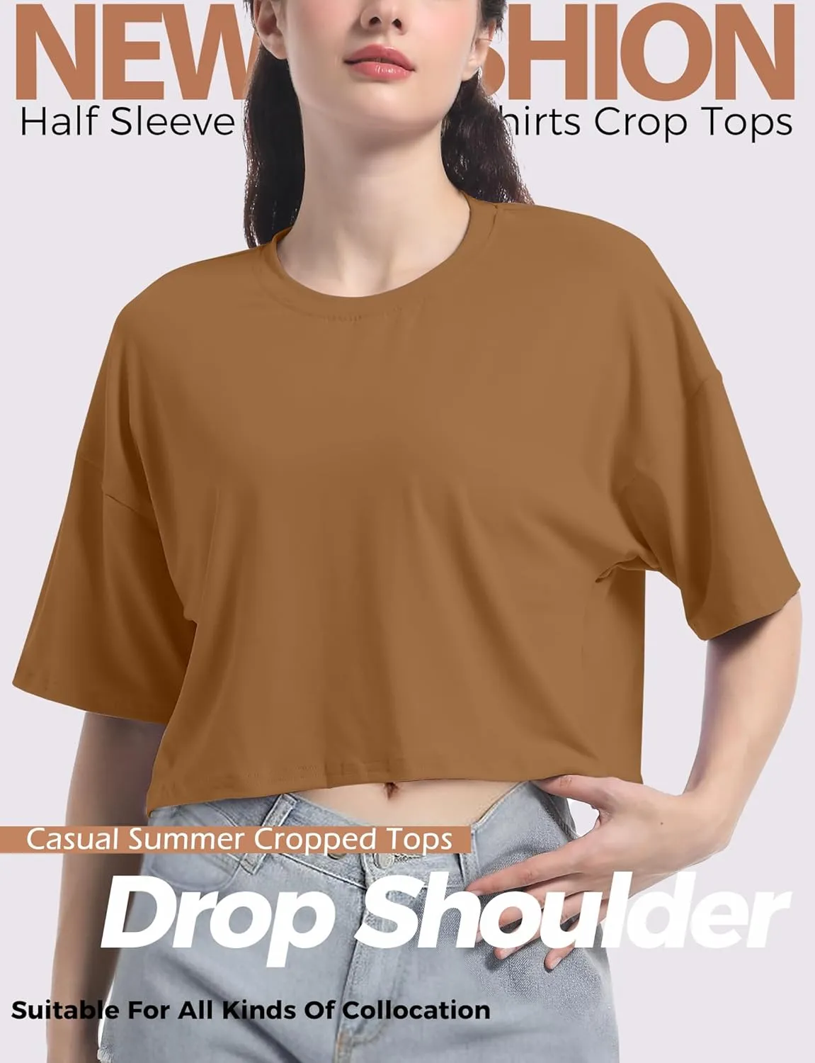 Women's Basic Crop Top Drop Shoulder T Shirt Half Sleeve Cropped Tee Crewneck Short Sleeve Casual Summer Solid Crop Tops