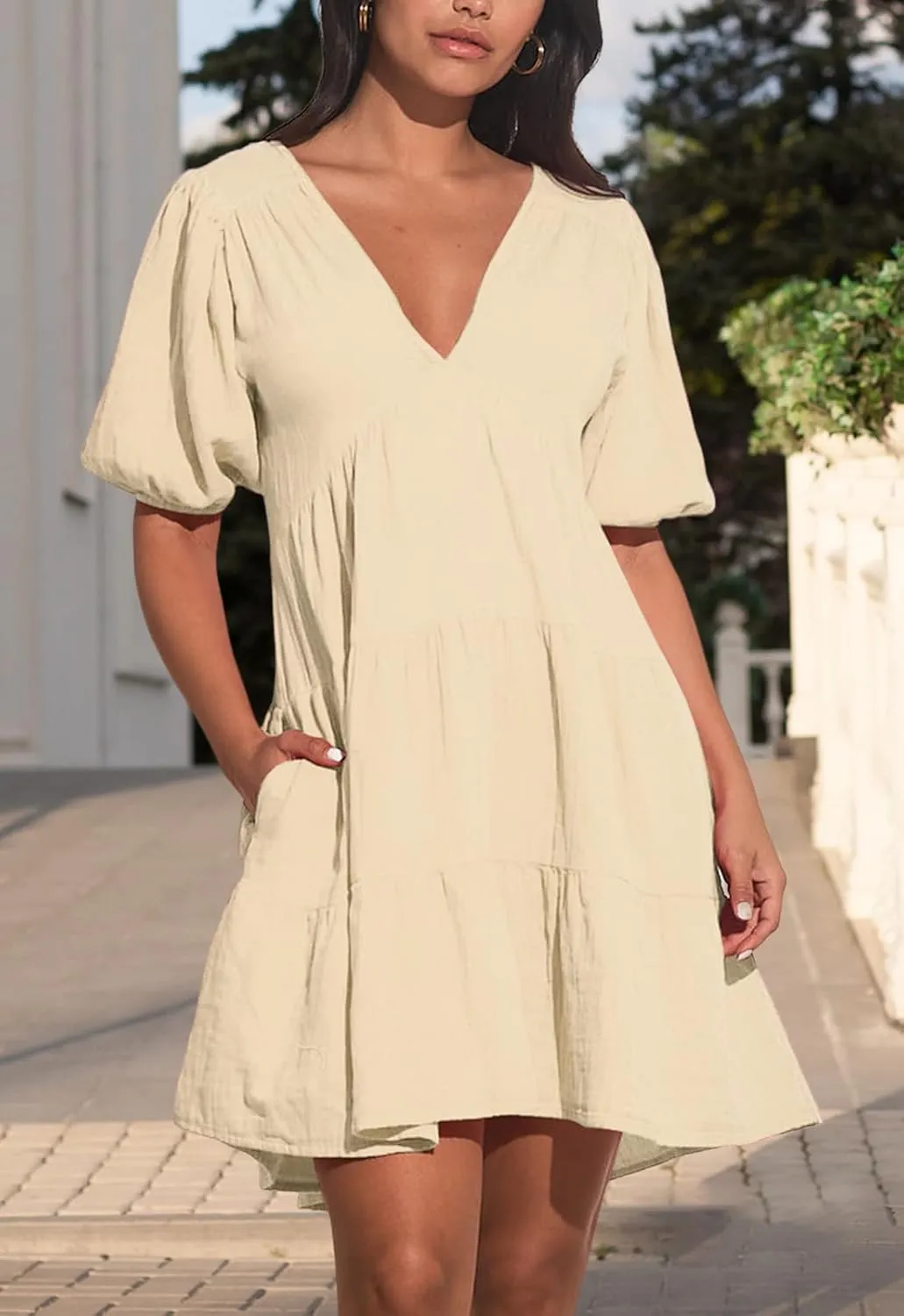 Women's Casual Dress Deep V-Neck Short Lantern Sleeve Tie Backless A Line Mini Dresses