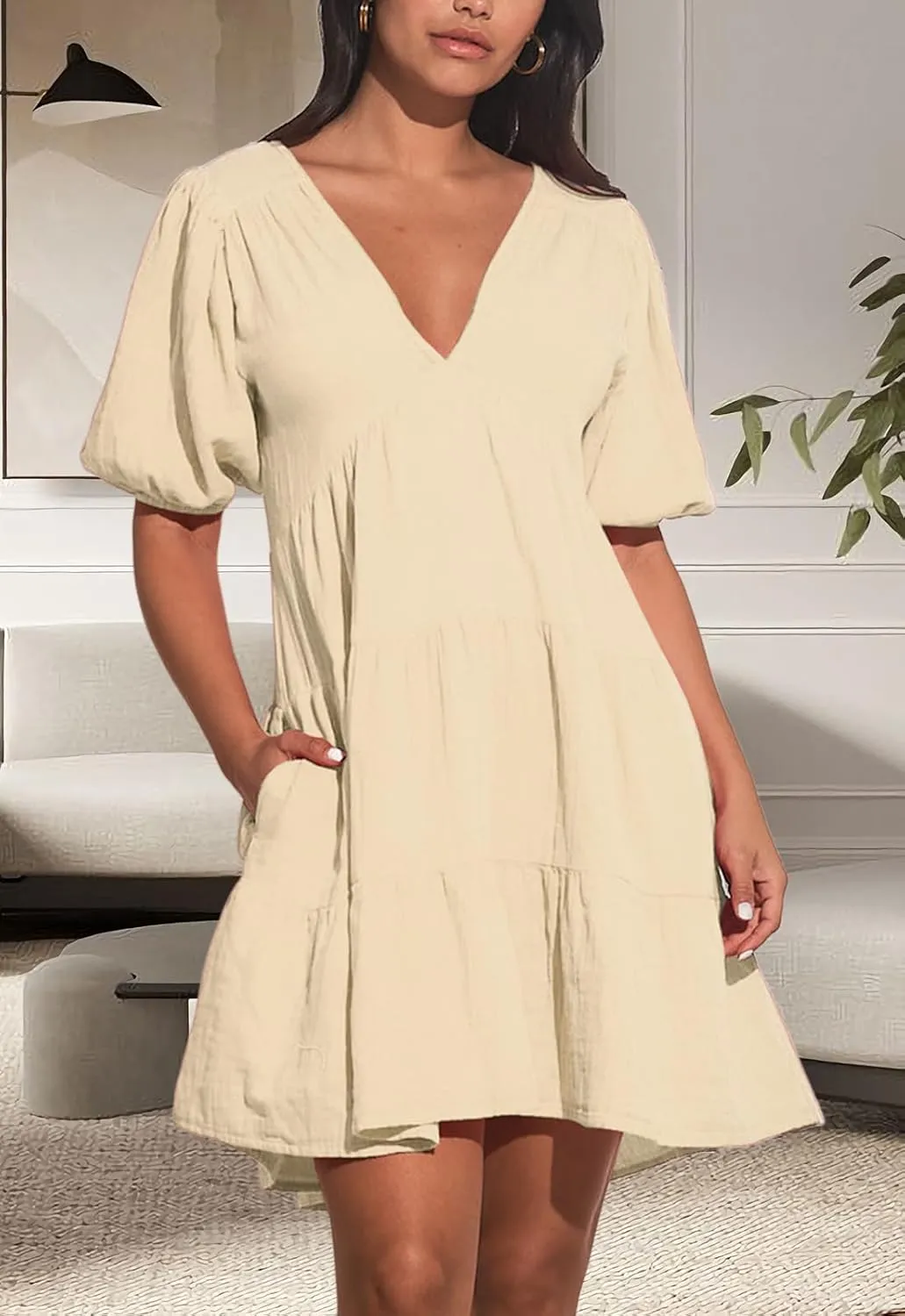 Women's Casual Dress Deep V-Neck Short Lantern Sleeve Tie Backless A Line Mini Dresses