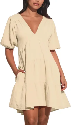 Women's Casual Dress Deep V-Neck Short Lantern Sleeve Tie Backless A Line Mini Dresses