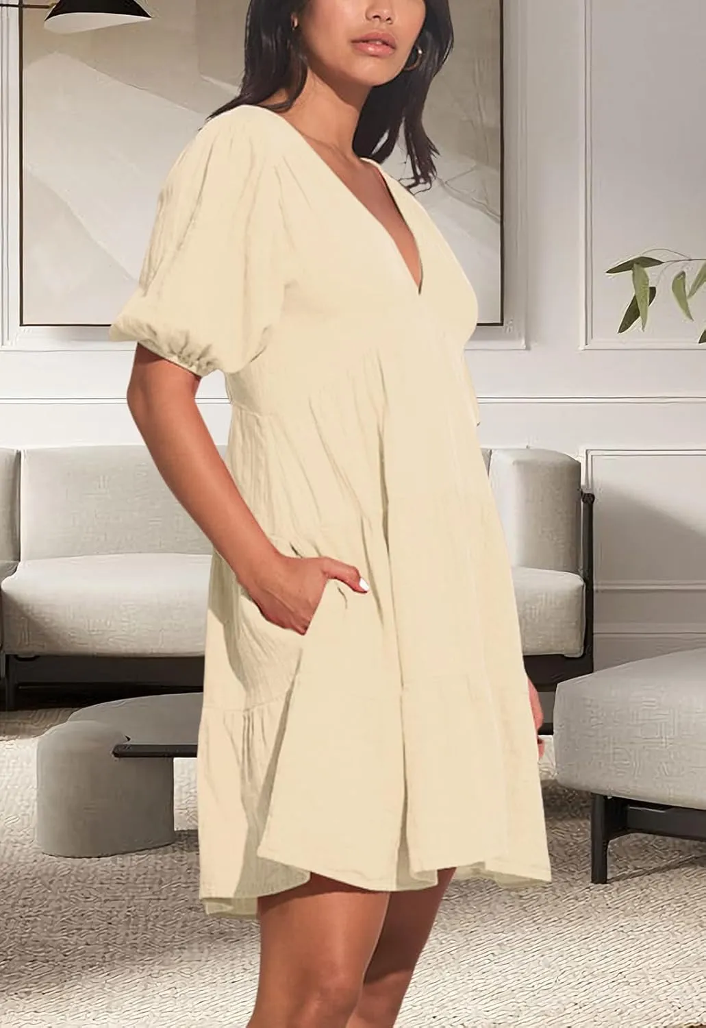 Women's Casual Dress Deep V-Neck Short Lantern Sleeve Tie Backless A Line Mini Dresses