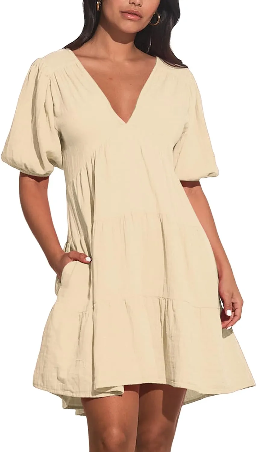 Women's Casual Dress Deep V-Neck Short Lantern Sleeve Tie Backless A Line Mini Dresses