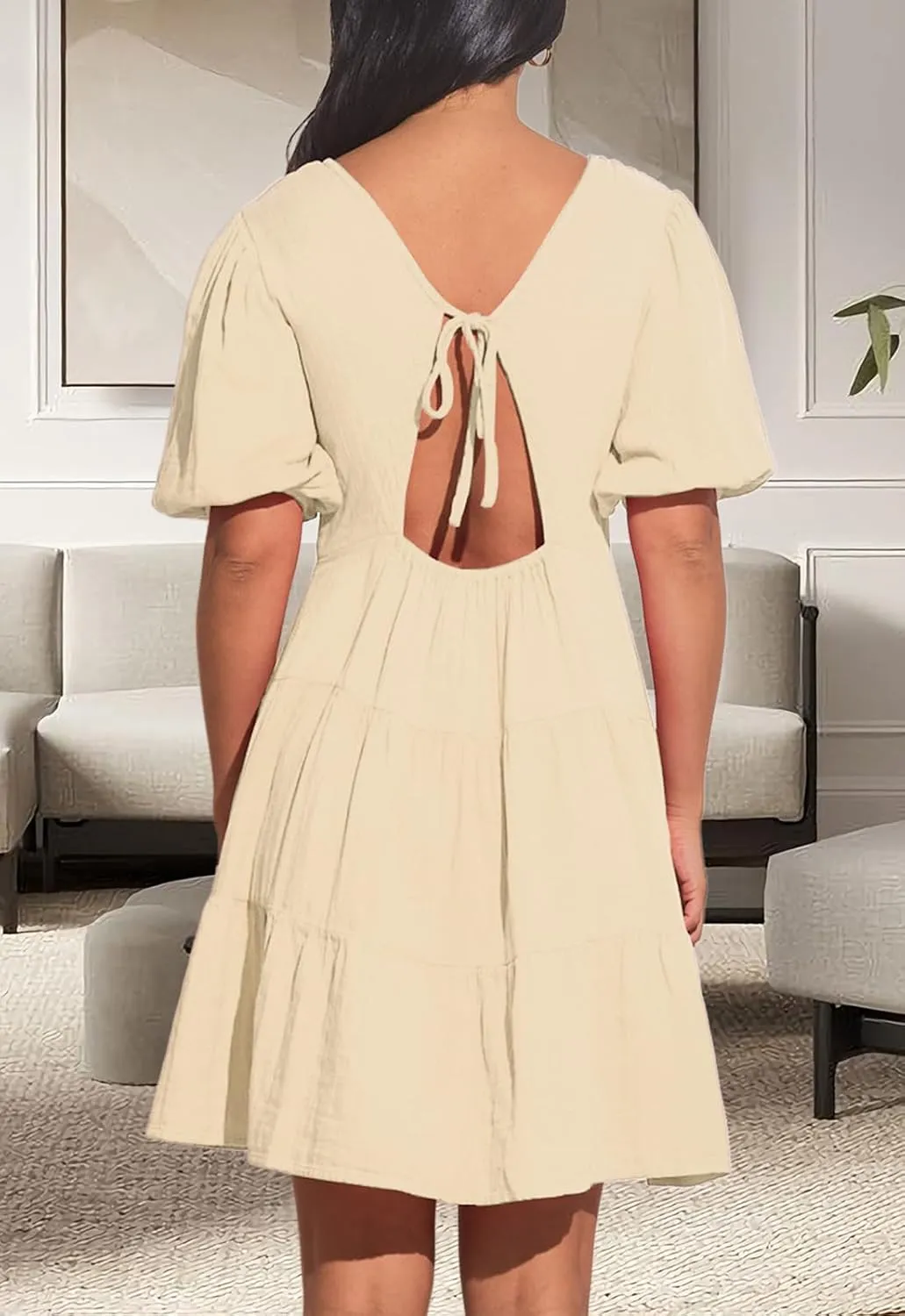 Women's Casual Dress Deep V-Neck Short Lantern Sleeve Tie Backless A Line Mini Dresses