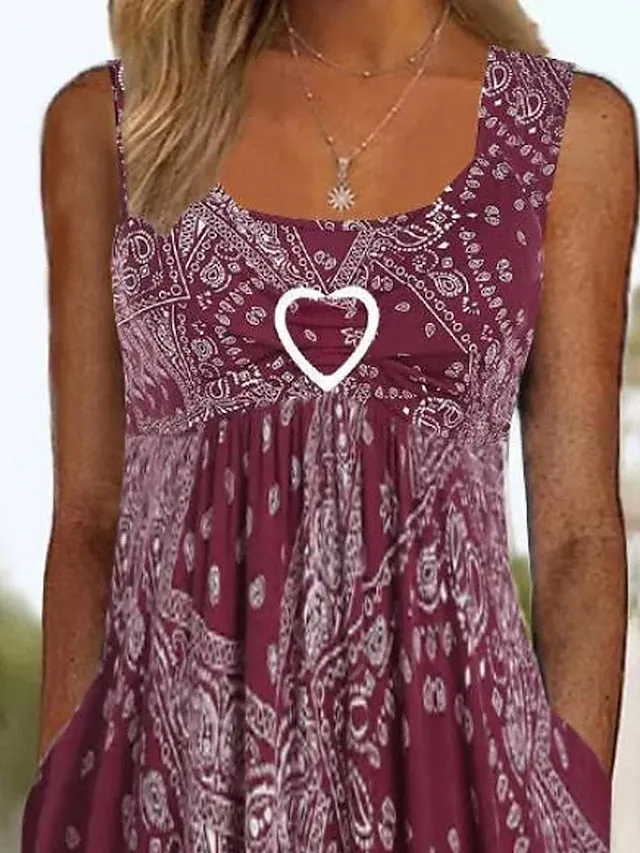 Women's Casual Dress Ethnic Dress Tank Dress Paisley Pocket Twist Crew Neck Midi Dress Vintage Ethnic Outdoor Daily Sleeveless Regular Fit Wine Summer Spring S M L XL XXL