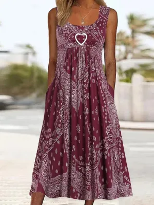 Women's Casual Dress Ethnic Dress Tank Dress Paisley Pocket Twist Crew Neck Midi Dress Vintage Ethnic Outdoor Daily Sleeveless Regular Fit Wine Summer Spring S M L XL XXL