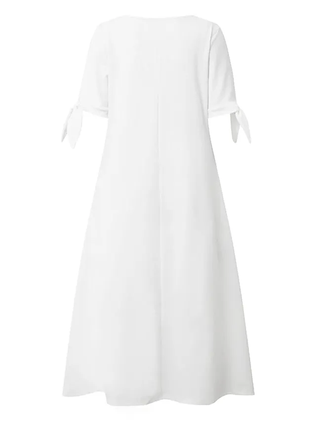 Women's Casual Dress Shift Dress White Dress Midi Dress White Short Sleeve Pure Color Button Summer Spring V Neck Basic Vacation Loose Fit 2023 S M L XL XXL 3XL
