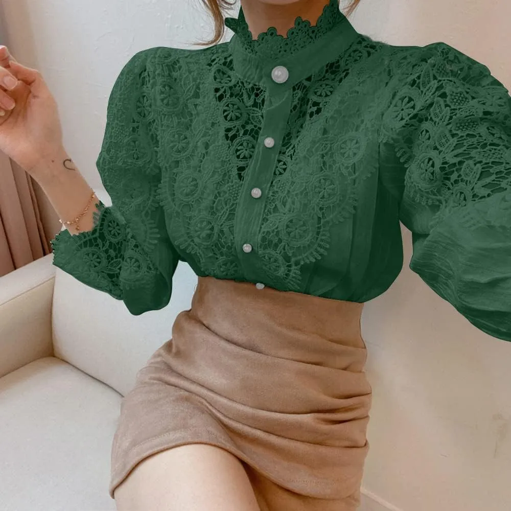 Womens Elegant Lace Trim Shirts Casual Victorian Blouse Long Sleeve Button Down Tops
