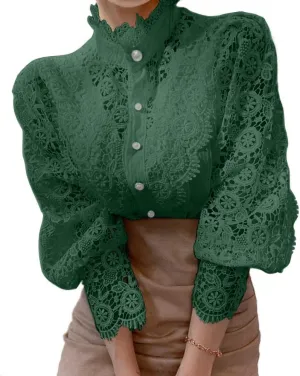 Womens Elegant Lace Trim Shirts Casual Victorian Blouse Long Sleeve Button Down Tops