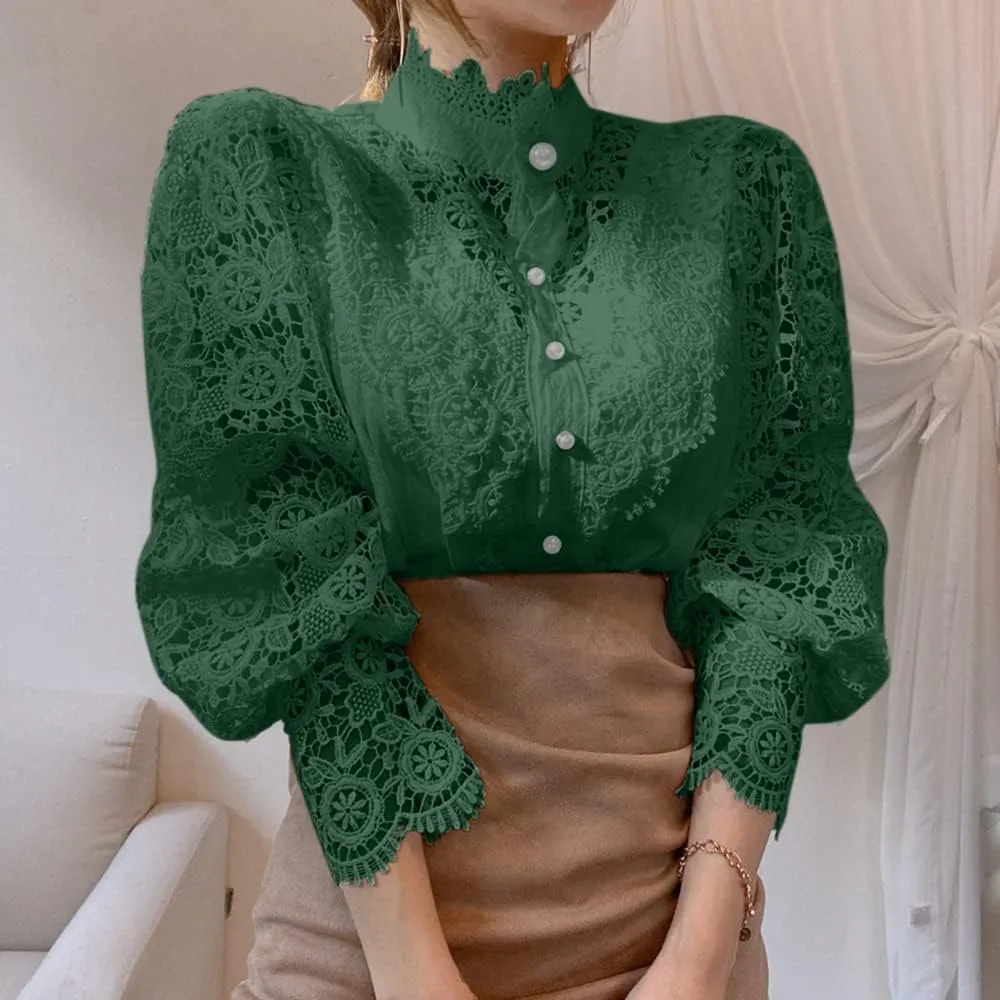 Womens Elegant Lace Trim Shirts Casual Victorian Blouse Long Sleeve Button Down Tops