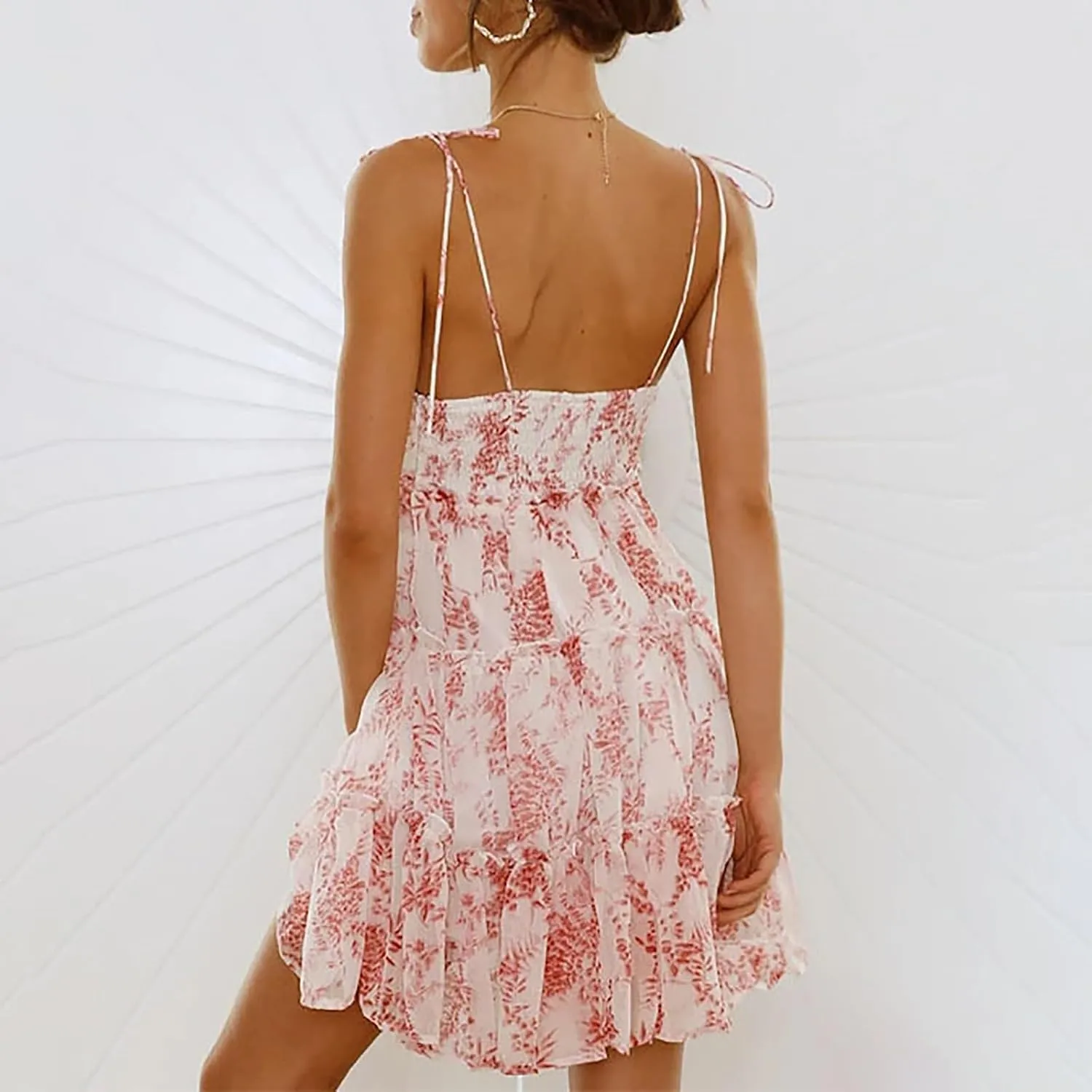 Womens Floral Dresses Summer Backless Spaghetti Strap Dress Sexy Sleeveless Mini Dresses Tiered Ruffle Flowy Dress