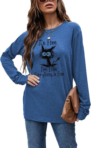 Women's I'm Fine Everything is Fine T-Shirts Long Sleeve Sayings Loose Fit Casual Cute Cat Graphic Crew Neck Tee Blouse Tops