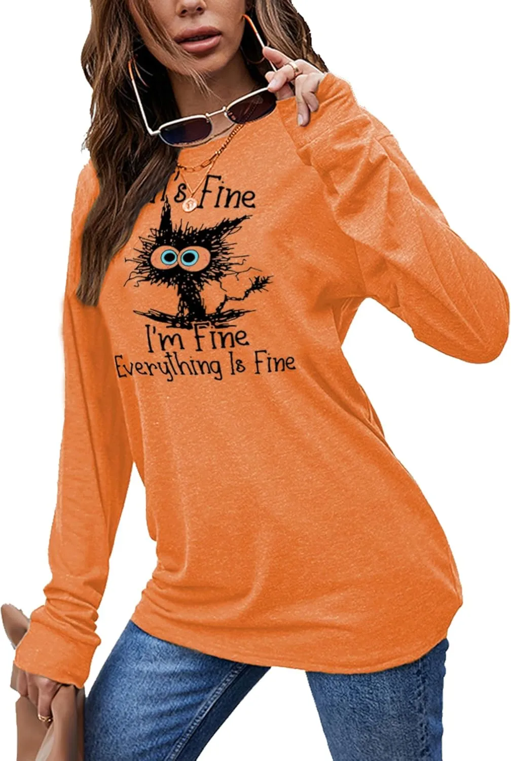 Women's I'm Fine Everything is Fine T-Shirts Long Sleeve Sayings Loose Fit Casual Cute Cat Graphic Crew Neck Tee Blouse Tops
