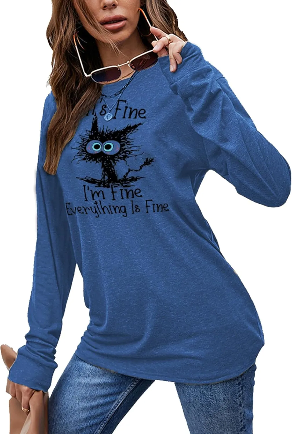 Women's I'm Fine Everything is Fine T-Shirts Long Sleeve Sayings Loose Fit Casual Cute Cat Graphic Crew Neck Tee Blouse Tops